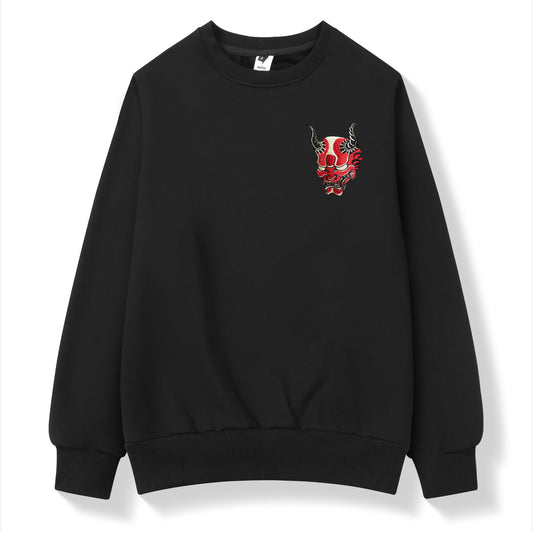 Black sweatshirt with a red and white graphic on a white background
