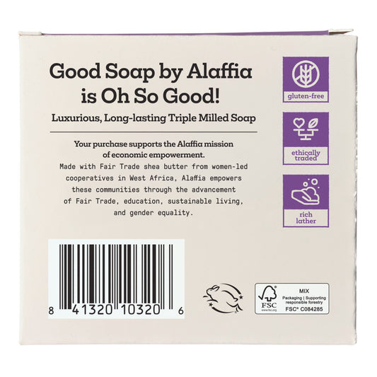 Back of a Good Soap by Alaffia packaging with text and logos.