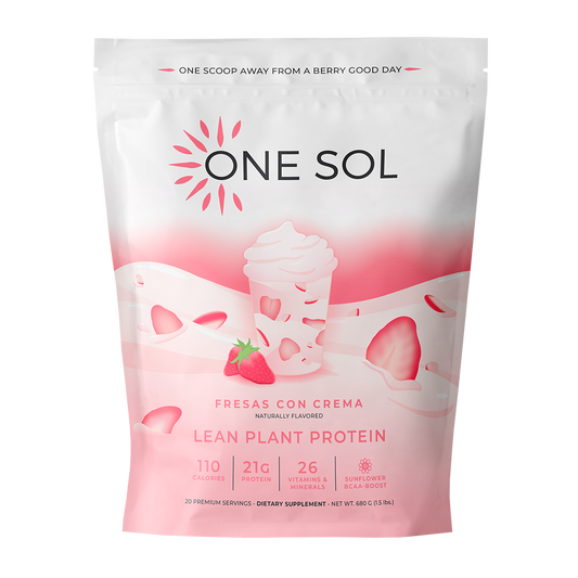 One Sol protein powder package with strawberry flavor on a white background