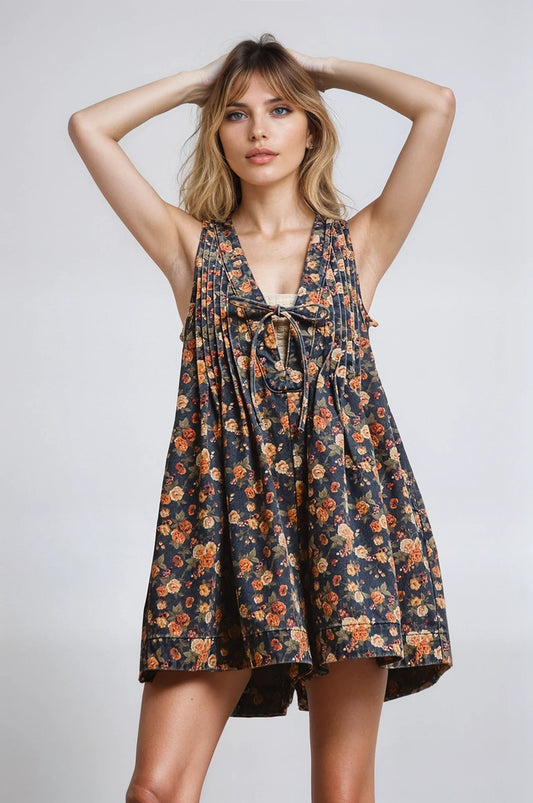 Fitkitty Culture Vintage Bloom denim romper in a faded floral print, alternate view