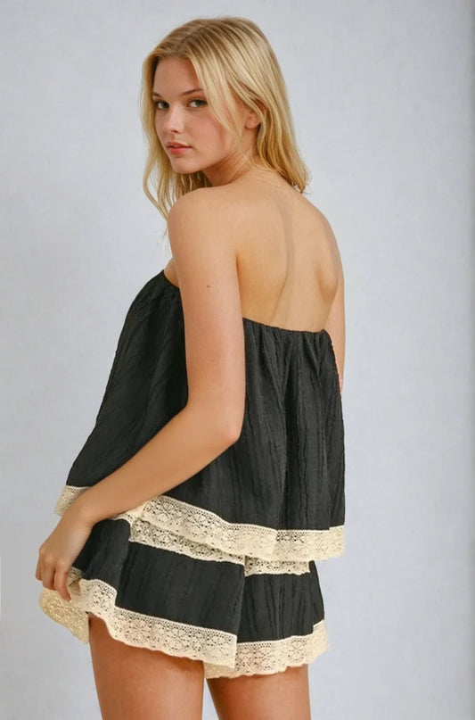 Fitkitty Culture Isla strapless tube romper in black with cream lace trim, alternate view