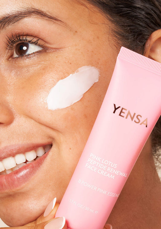 Pink Lotus Peptide Renewal Face Cream, on-model lifestyle photo
