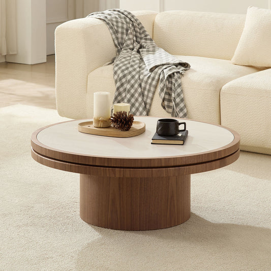 Walnut-finish sintered stone round coffee table, alternate view