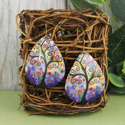 Whimsical Tree of Life Teardrop Earrings, alternate view