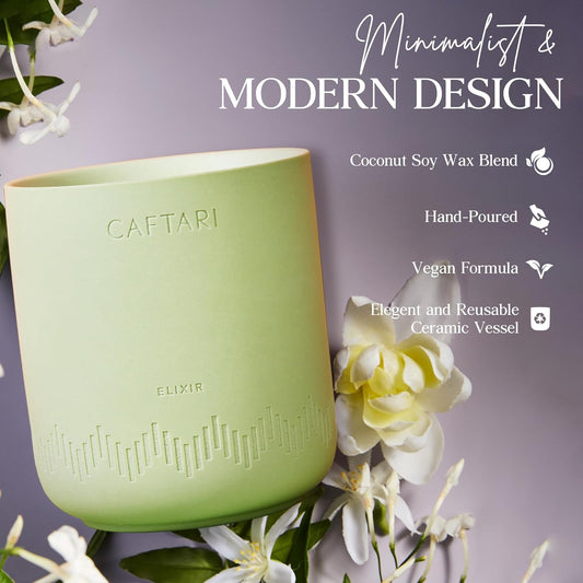 Elixir Bergamot Scented Candle in green ceramic, shown with floral styling and product details on a purple background