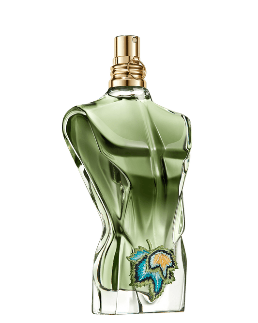 Perfume bottle shaped like a human torso with a gold cap on a transparent background