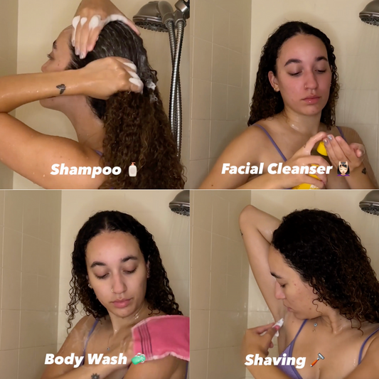 Woman demonstrating the use of different skincare products in a bathroom setting.