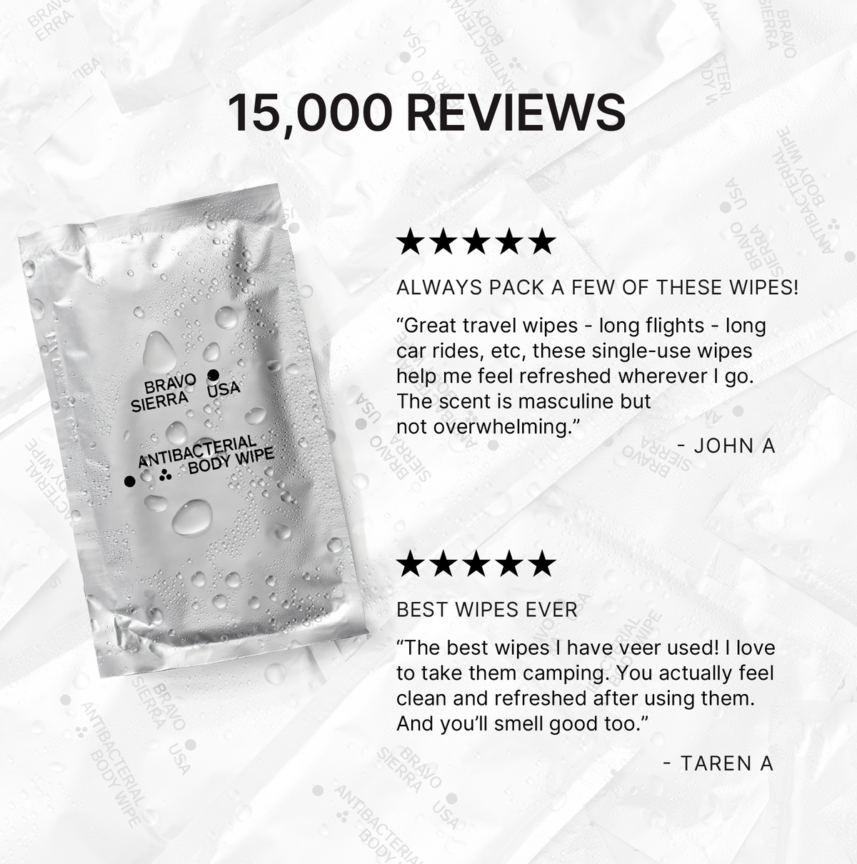 Sierra USA antibacterial body wipes with customer reviews on a textured white background