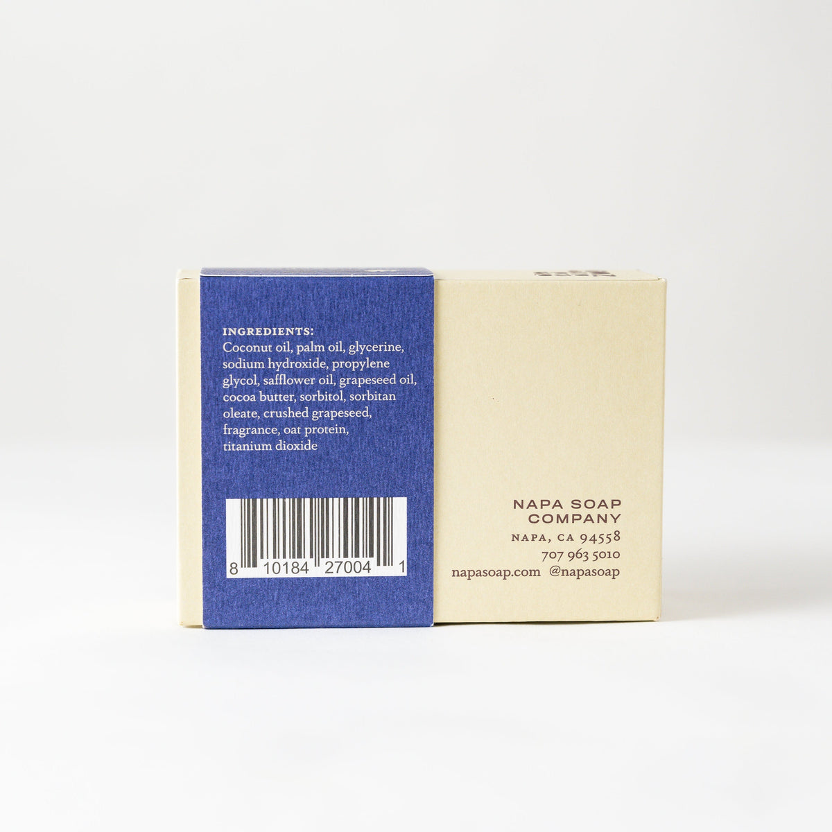 Napa Soap Company soap bar with blue label on a white background