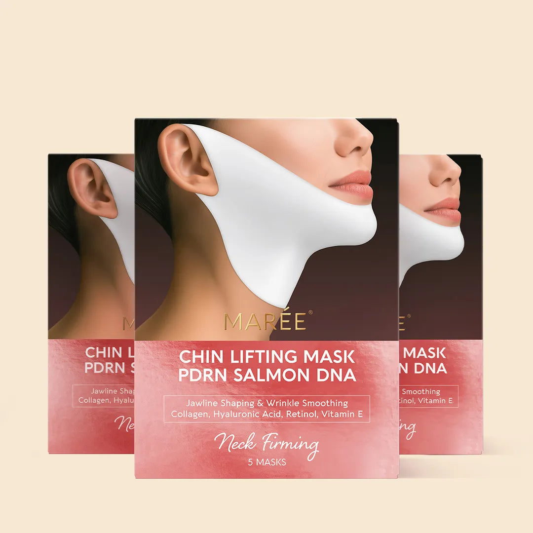 Maré Chin Lifting Mask packaging with a woman's face and neck on a beige background