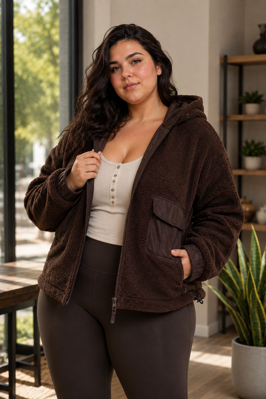 Fitkitty Culture CURVY Sherpa Dreams cropped hooded jacket in Chocolate, front view
