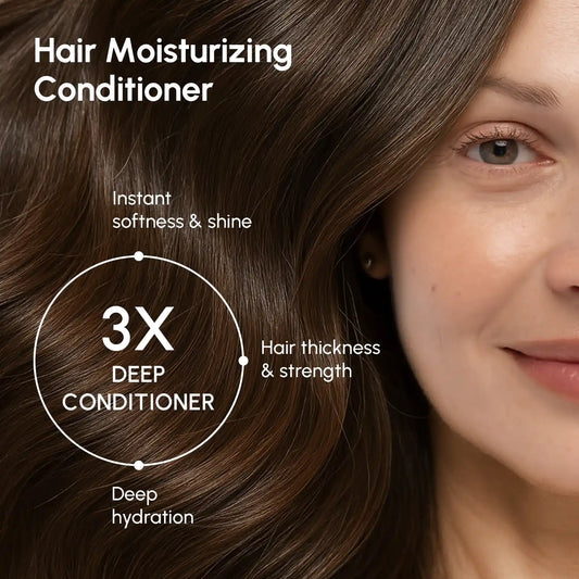 Woman with brown hair and a close-up of her face, featuring text about hair moisturizing conditioner benefits.
