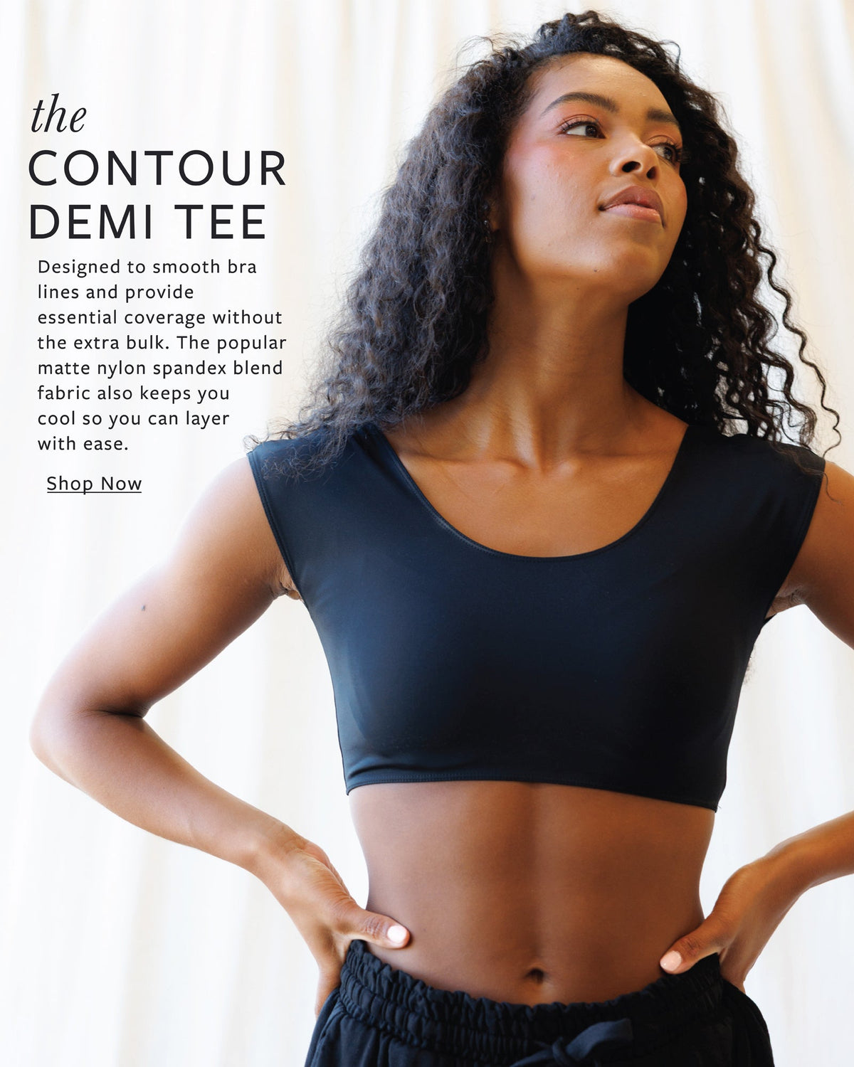 Woman wearing a black sports bra with promotional text about the Contour Demi Tee.