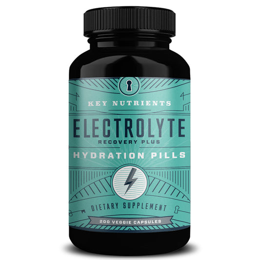 Bottle of Electrolyte Recovery Plus Hydration Pills with a black and teal label on a white background