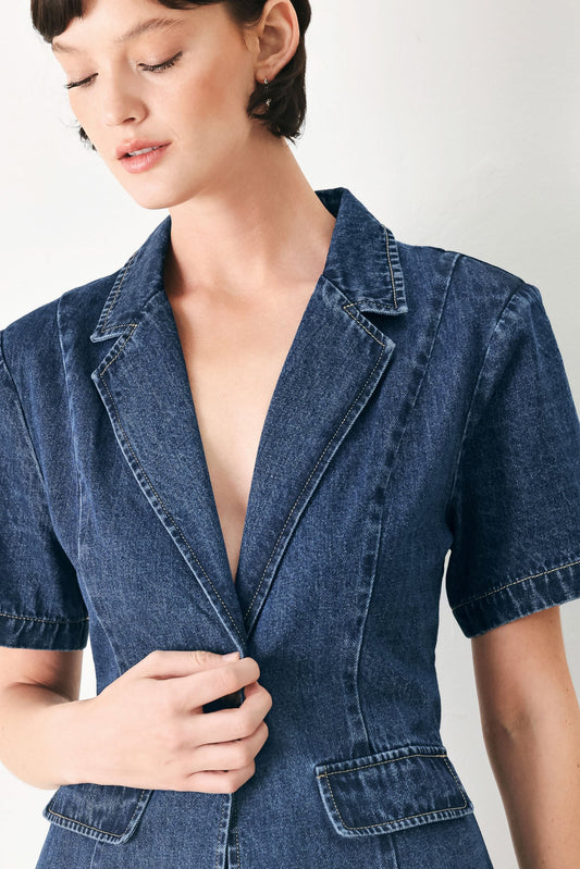 Short-sleeve denim jacket with a collared neckline and deep V-front.