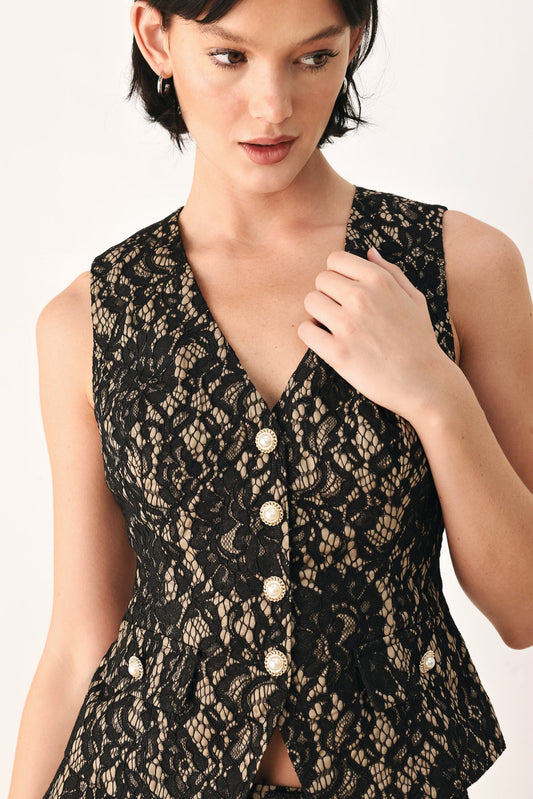 A close-up of a model wearing a sleeveless black lace vest with a V-neckline and decorative gold-tone buttons down the front, set against a plain light background.