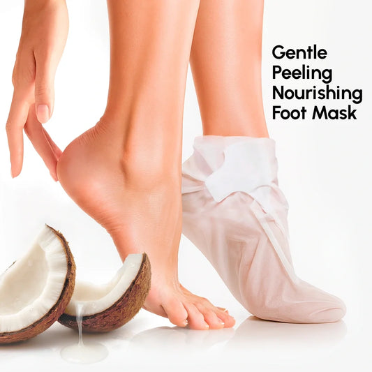 Person wearing a foot mask with a coconut next to their feet on a white background