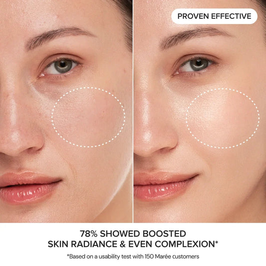 Before and after comparison of skin radiance with text indicating proven effectiveness and boosted skin radiance.