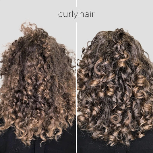 Two images of curly hair side by side on a plain background
