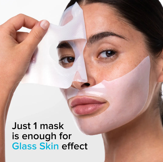 Woman applying a face mask with text about achieving a 'Glass Skin' effect.