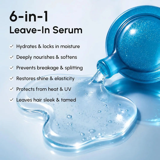 Promotional graphic for a 6-in-1 leave-in serum, showing a blue bottle pouring clear gel into a puddle of translucent blue liquid. Text on the left lists benefits such as hydration, nourishment, prevention of breakage, shine restoration, heat and UV protection, and taming.