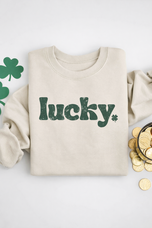 Fitkitty Culture Lucky Charm sweatshirt with shamrock and coin graphic