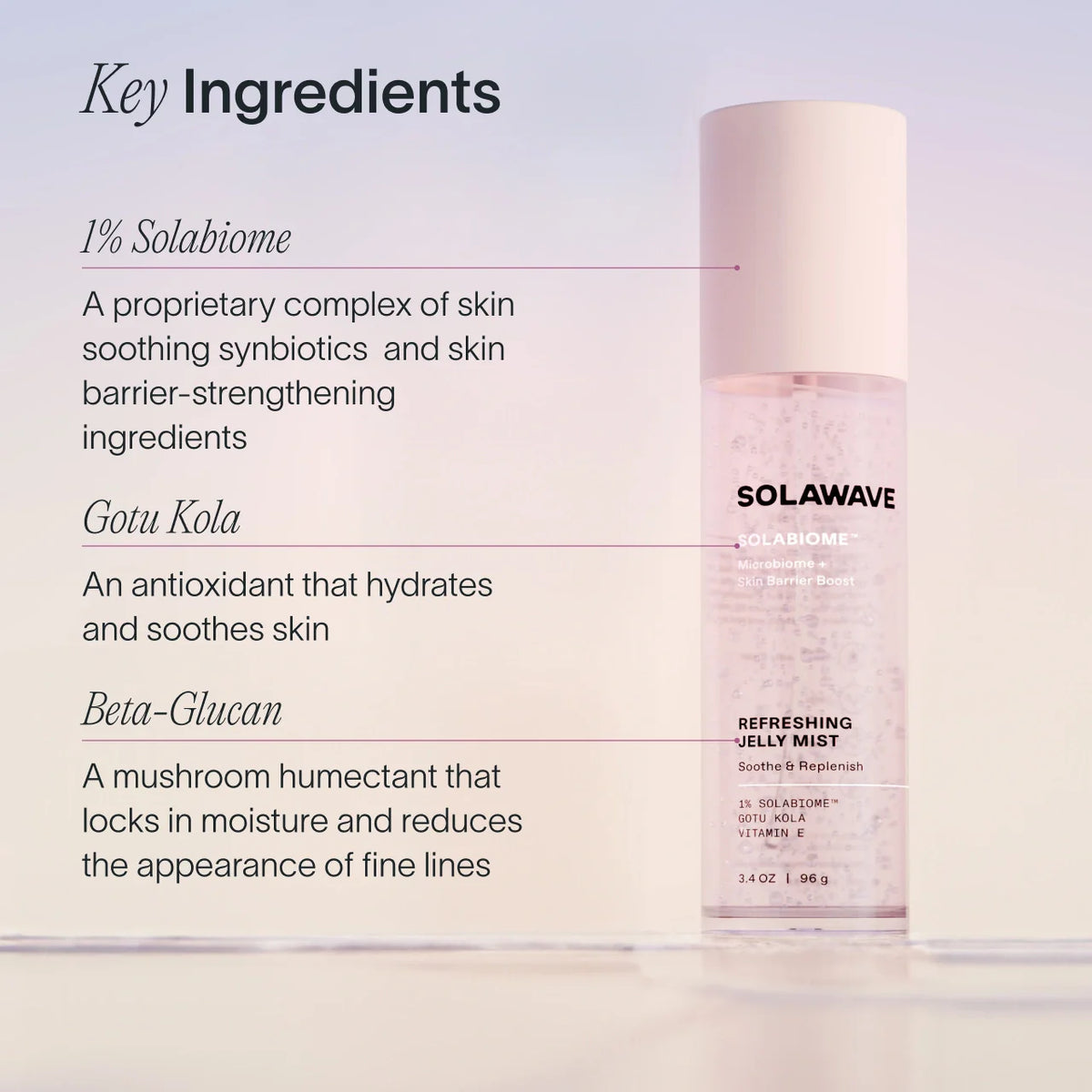 SolaWave product with key ingredients listed on a light background