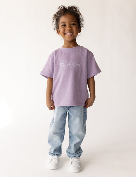 Me Plus God Kids Tee in Quiet Violet, alternate view