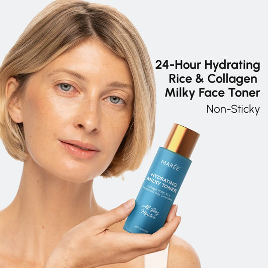 Woman holding a bottle of Märe Hydrating Milky Toner with text about product features.