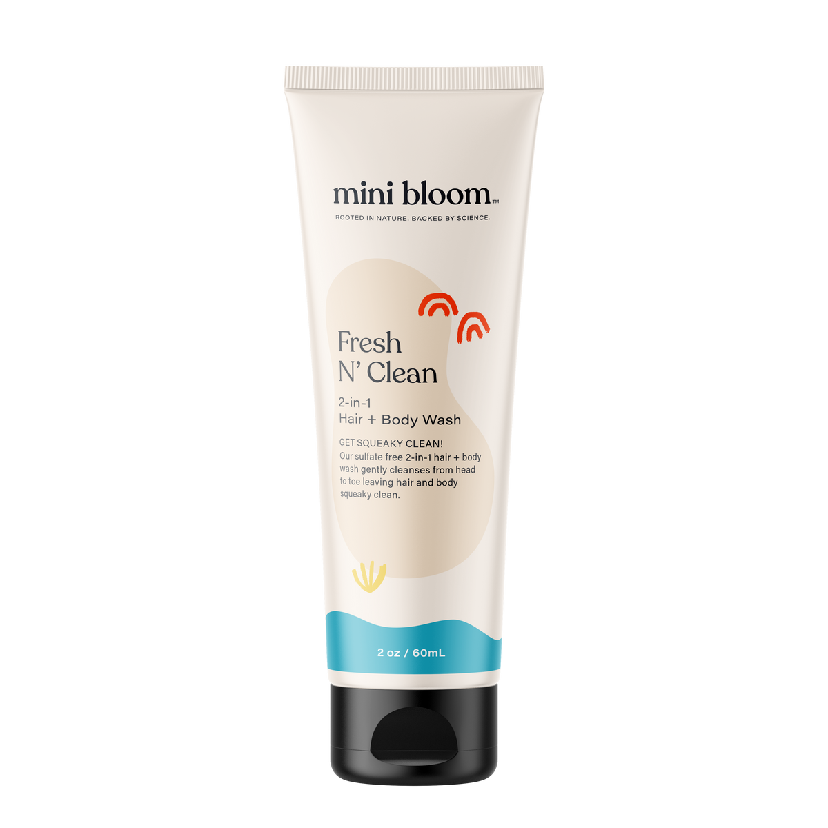mini bloom Fresh N’ Clean 2-in-1 hair and body wash, 2 oz travel-size bottle