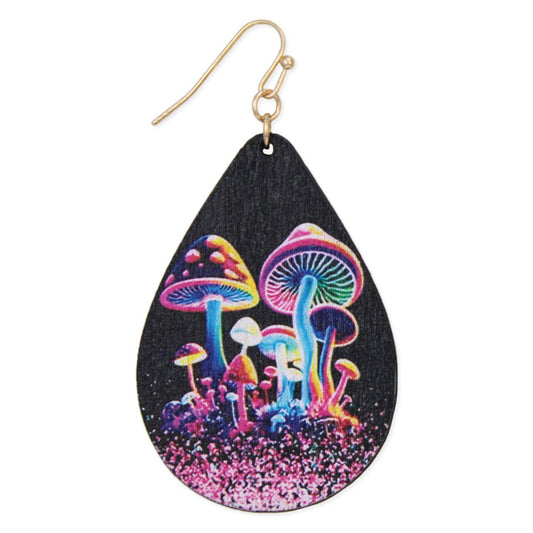 Neon Magic Wood Mushroom Print Earrings, product photo