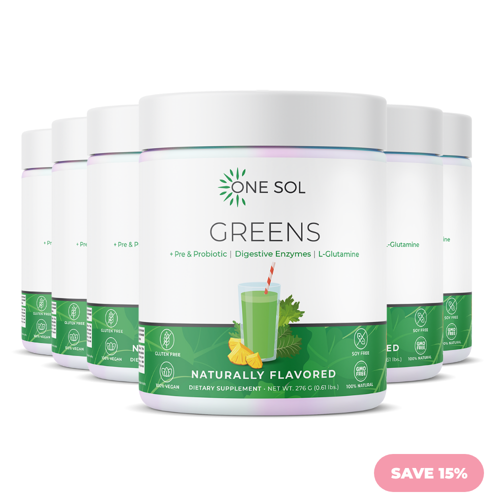 One Sol Greens dietary supplement containers on a white background