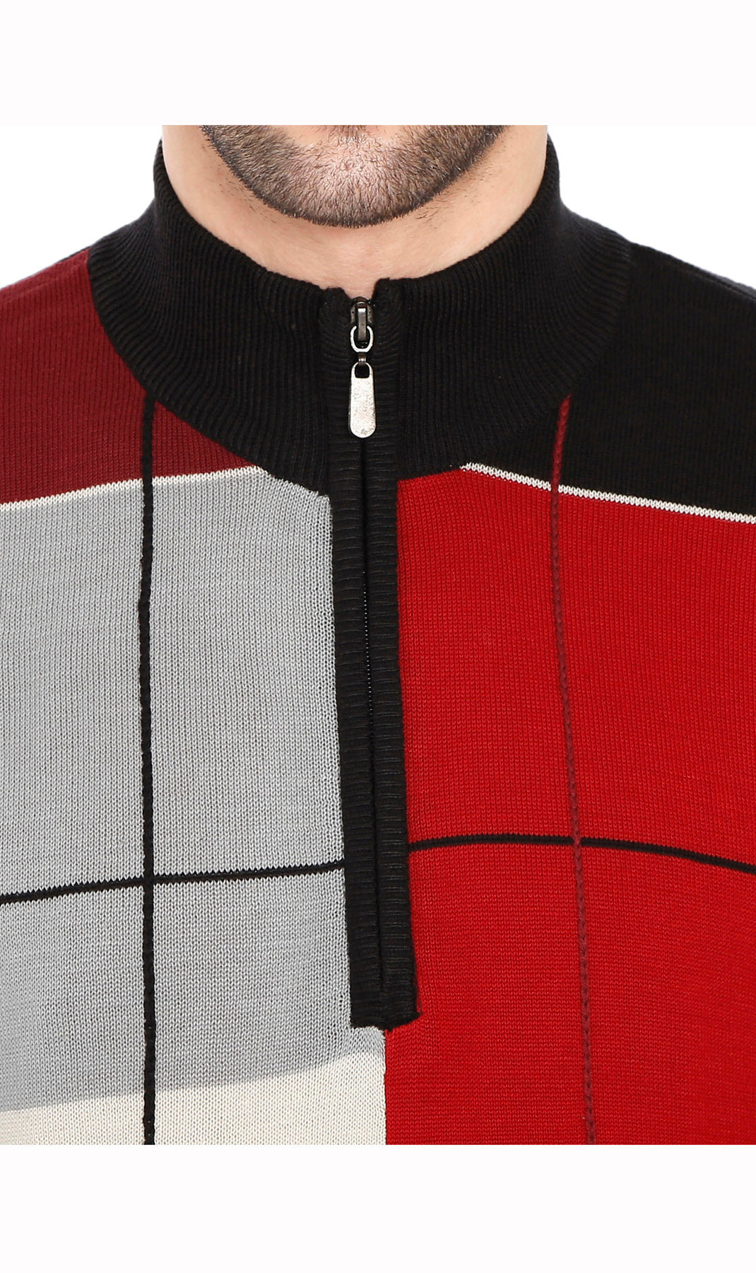 Color-blocked sweater with red, gray, and black sections on a white background