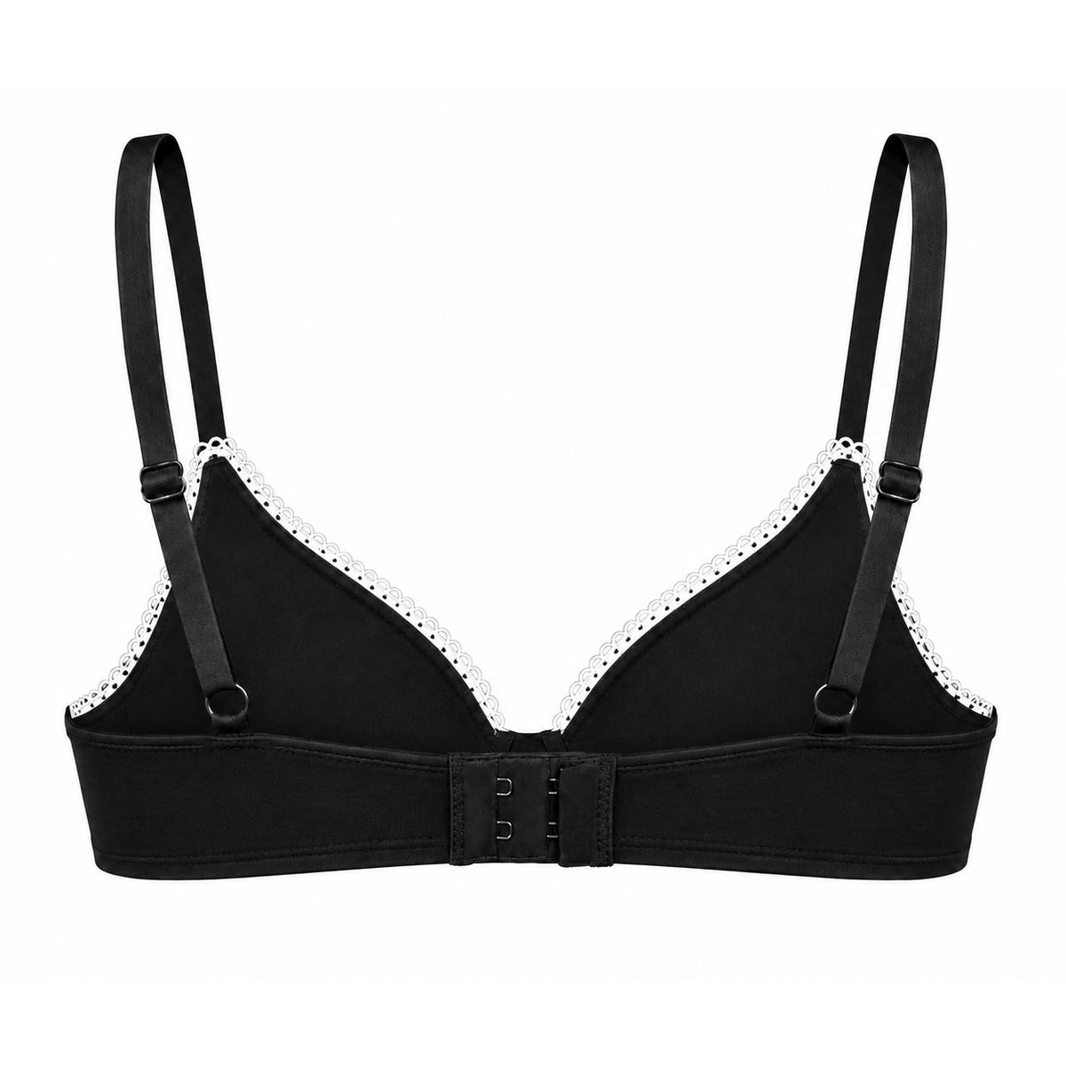 Black seamless underwire bra with delicate white lace trim along the cups and adjustable shoulder straps, shown from the back on a white background.