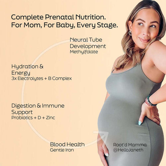 Pregnant woman with nutritional benefits text on a beige background