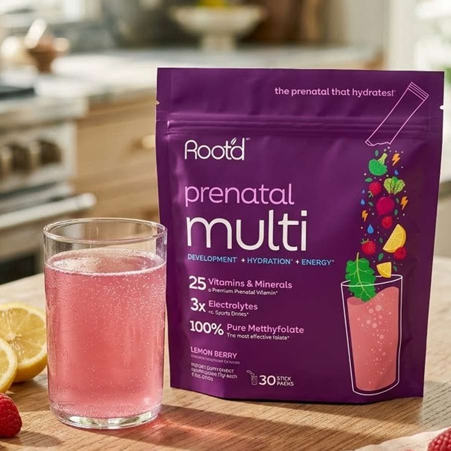Rootd prenatal multi supplement package with a glass of lemon berry drink on a kitchen counter.