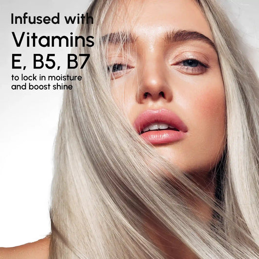 Close-up of a person with blonde hair, highlighting vitamins E, B5, B7 benefits.