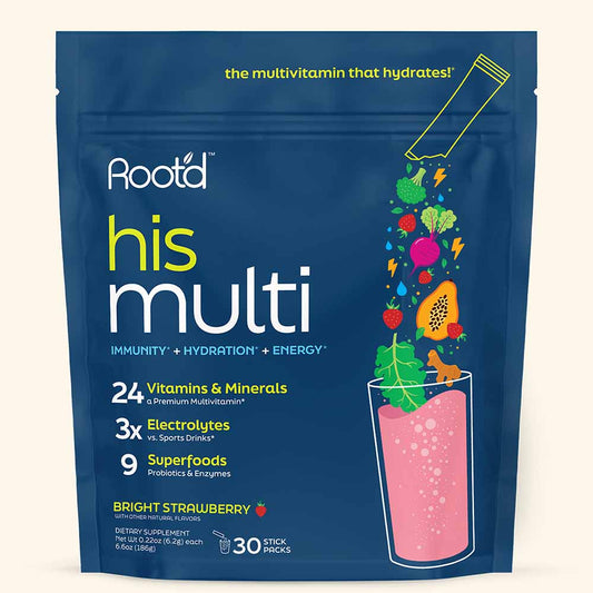Rootd his multi supplement package with colorful graphics on a blue background