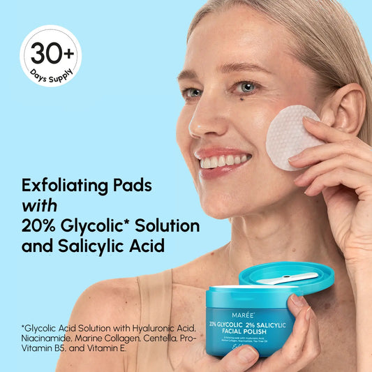 Woman using exfoliating pads with skincare product on a blue background