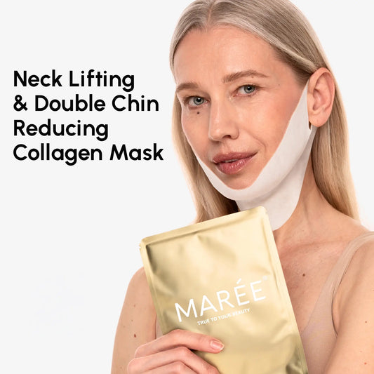 Woman wearing a neck lifting and double chin reducing collagen mask with a gold package labeled 'Mareé' on a light gray background.