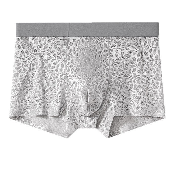 Gray and white patterned boxer briefs with a solid gray waistband, shown flat against a white background.