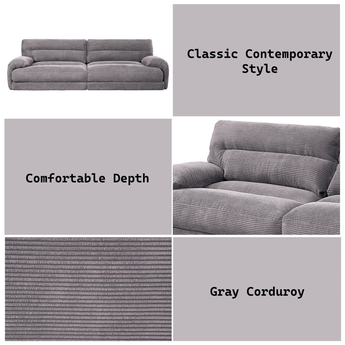 Cadenza gray corduroy sofa with removable pillow covers