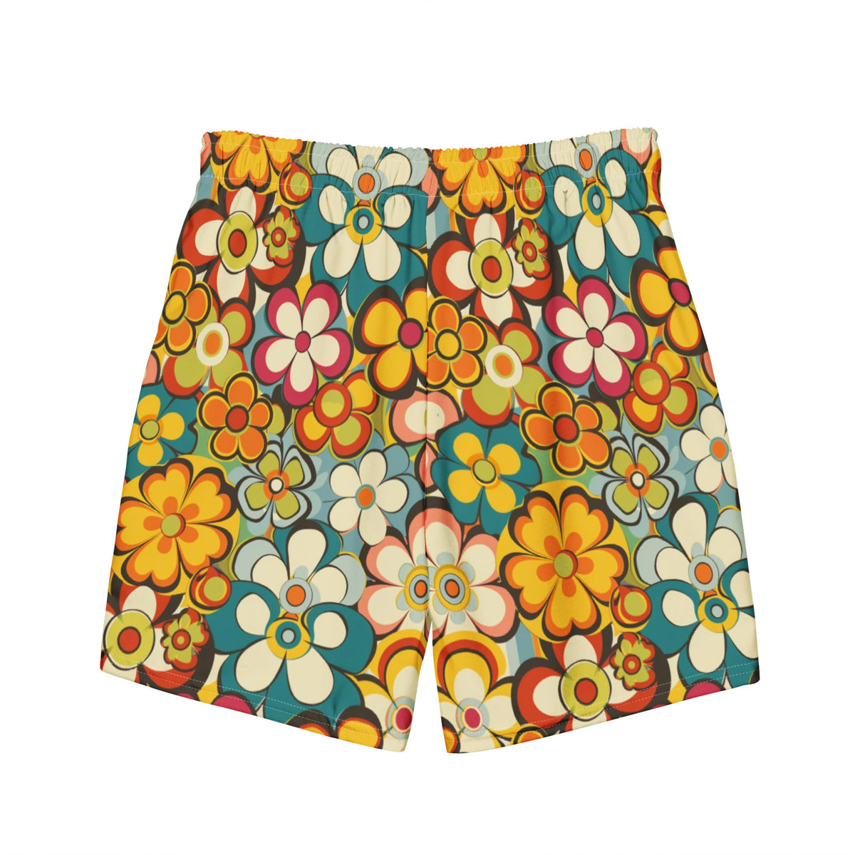 Baha Ranch Yeehaw Woodstock Retro Floral men's swim trunks, back view (3)