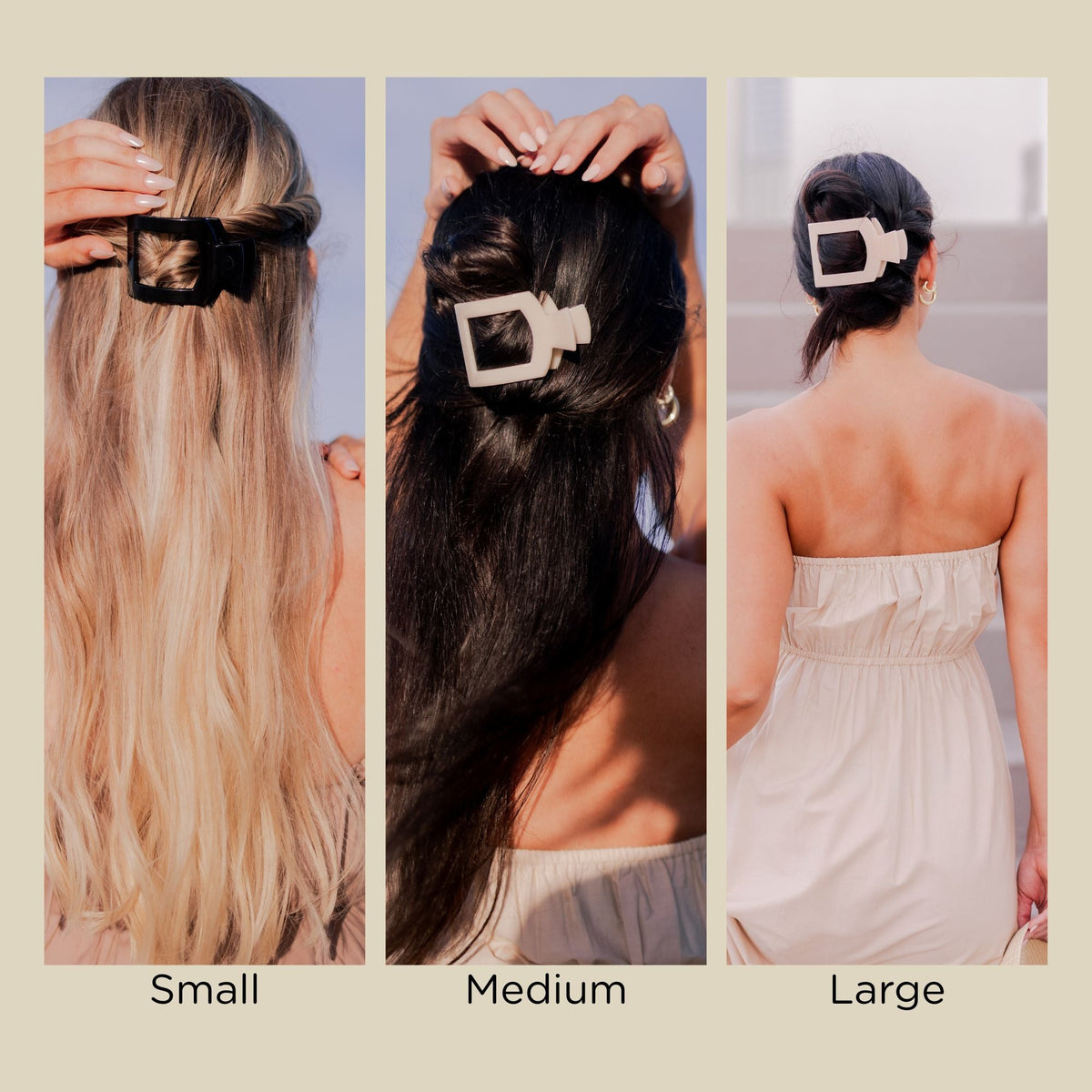 Three different hair clips being worn by people with various hairstyles on a beige background.