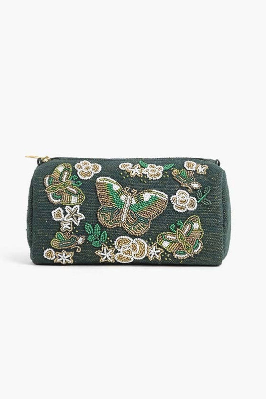 Green makeup bag with butterfly and floral embroidery on a white background