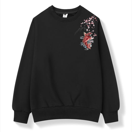 Black sweatshirt with a fish and floral design on a white background