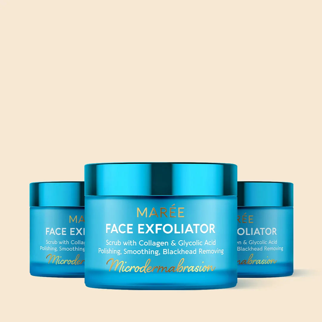 Blue jar of Maré Face Exfoliator on a beige background