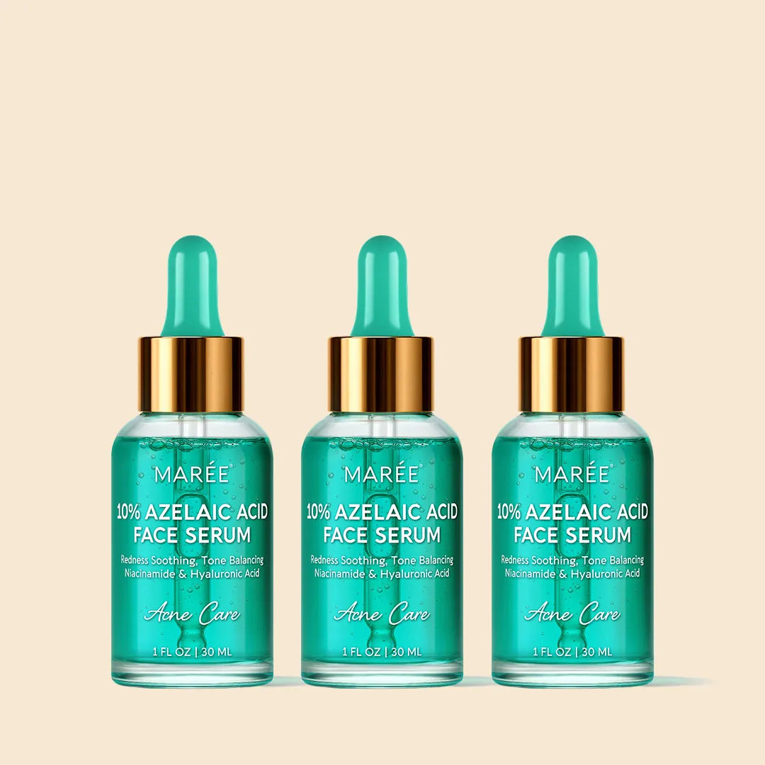 Three bottles of Marée 10% Azelaic Acid Face Serum on a beige background
