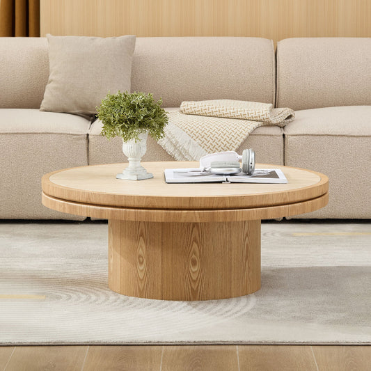 Round sintered stone coffee table on natural MDF pedestal base, alternate view