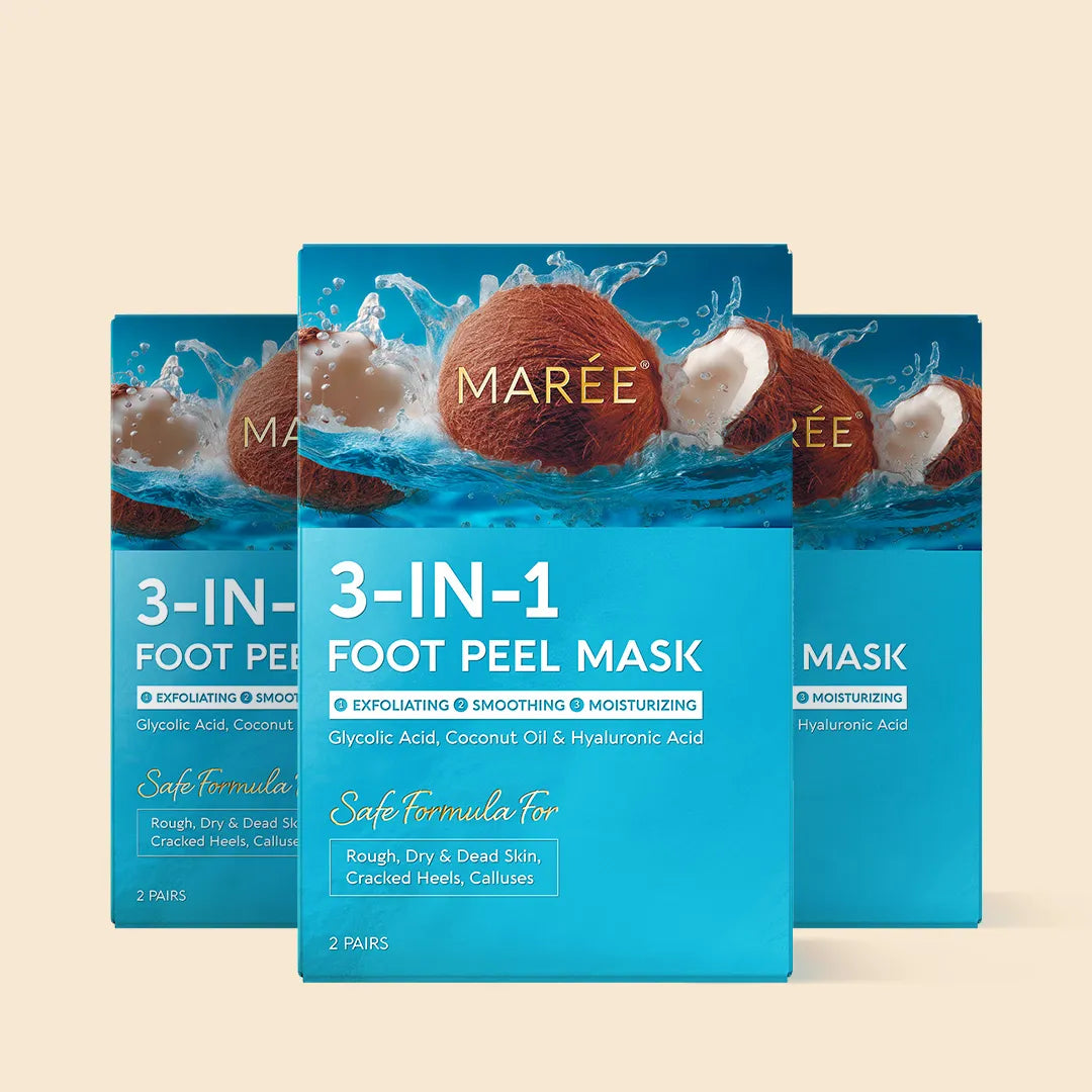 Three packages of Maré 3-in-1 Foot Peel Mask on a beige background